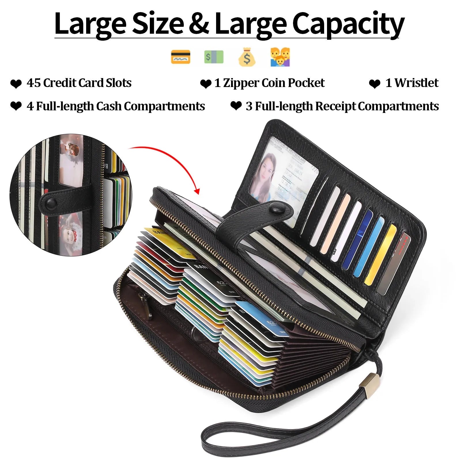 Women's expanding card holder long wallet in synthetic leather with anti-theft swiping function