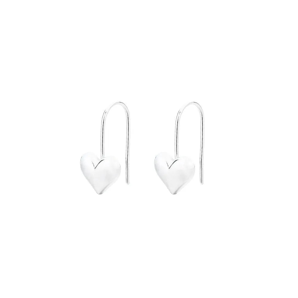 Silver heart-shaped earrings with glossy finish and ear hook fitting