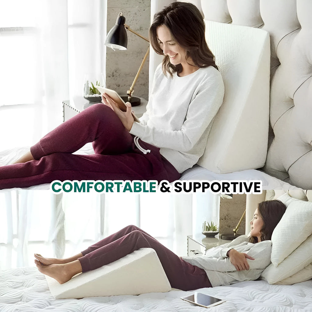 White triangle memory foam wedge cushion measuring 40x20x20cm on a neutral background