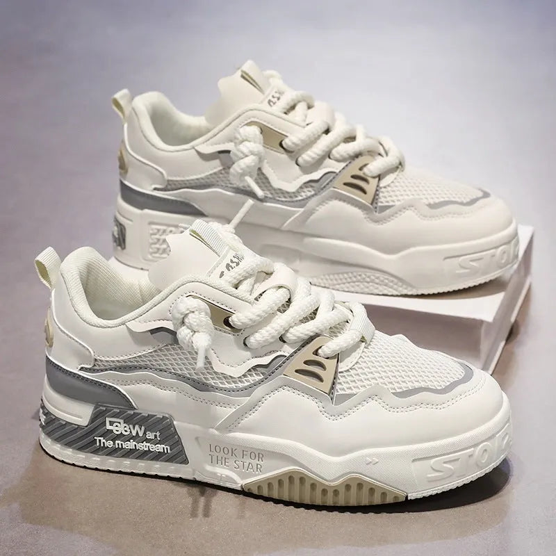 Men's low top white casual shoes with rubber sole and mesh lining in beige, black, or white and yellow.