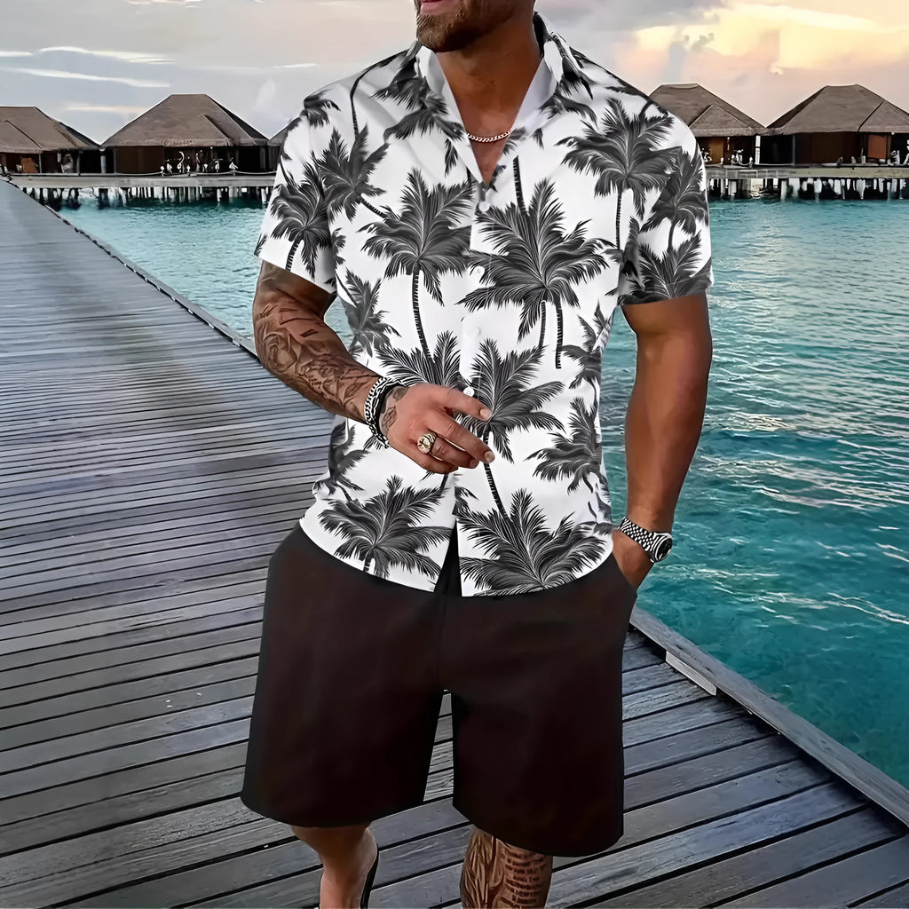 Man modelling a 3D printed Hawaii pattern short sleeve top and matching shorts leisure suit.