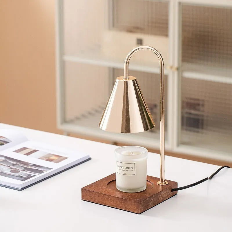 Aromatherapy wax melting lamp with oak or walnut base and white, black, or gold lampshade, dimming switch and two bulbs