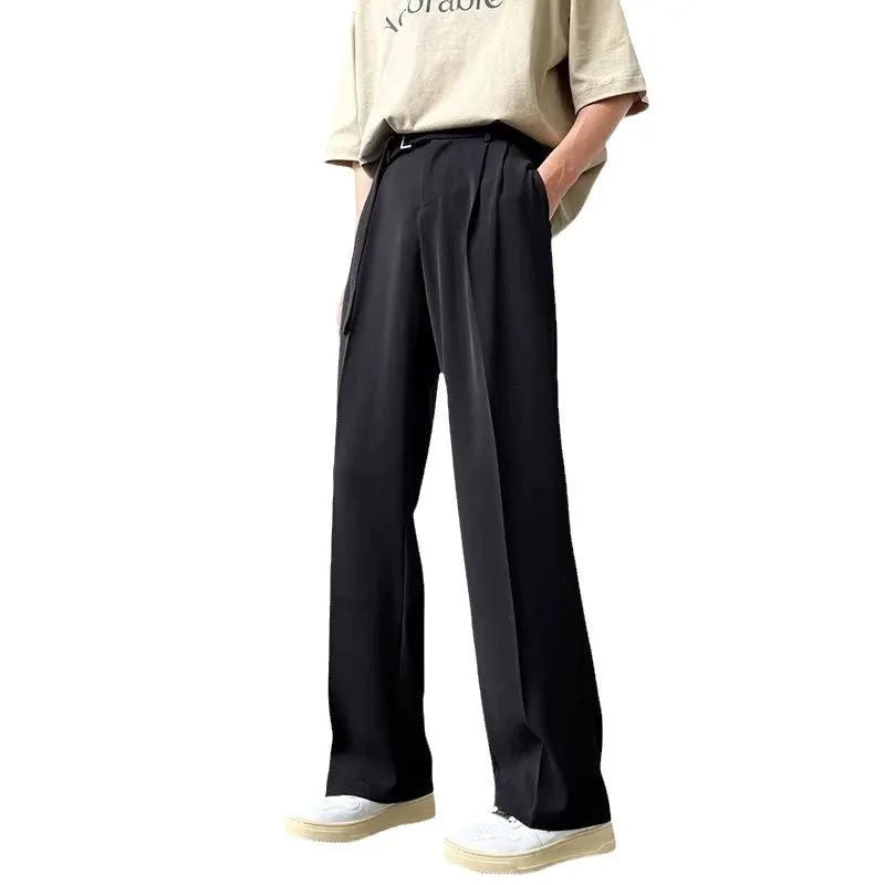 Black straight leg loose fit casual trousers with non-ironing chemical blend fabric