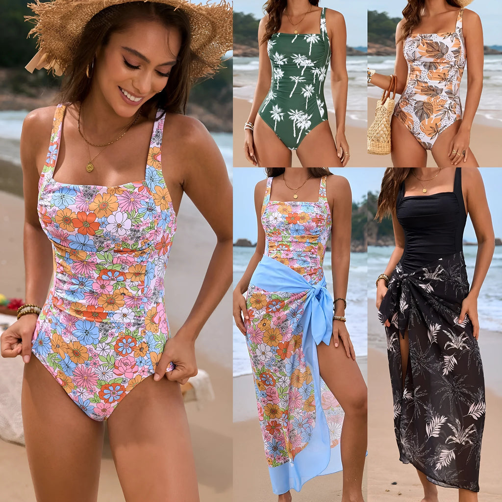 Women's new small floral one-piece swimsuit in polyester, sleeveless, available in multiple colours