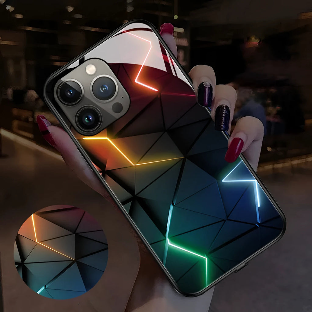 LED luminous protective iPhone case with TPU body and tempered glass on a smartphone.
