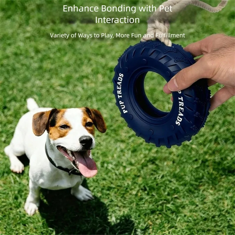 Dog chew toy with rubber tire and tug-of-war rope in black, blue, or orange for medium large aggressive chewers