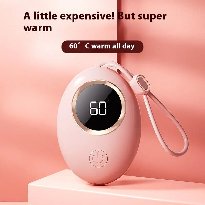 USB digital display hand warmer power bank in pink, blue, green, or white colours