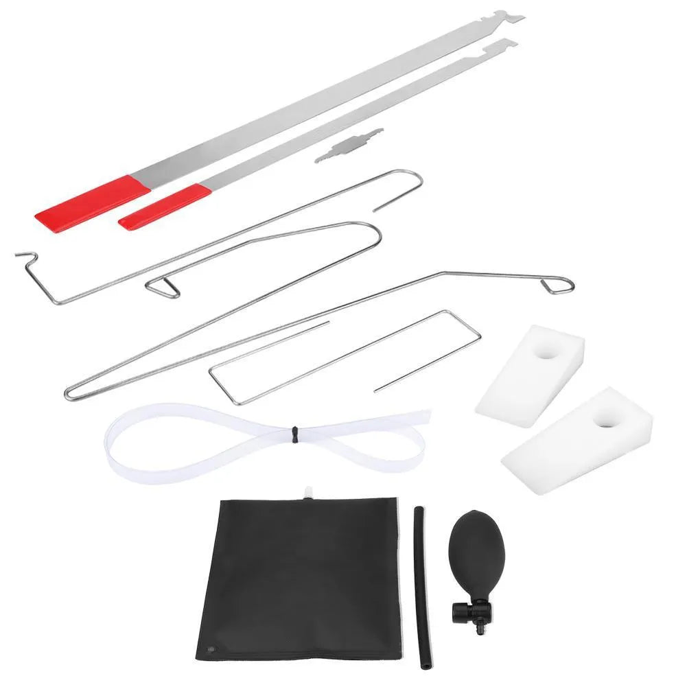 9-piece automotive maintenance tool set with air pump wedge and plastic wedges for vehicle emergency access