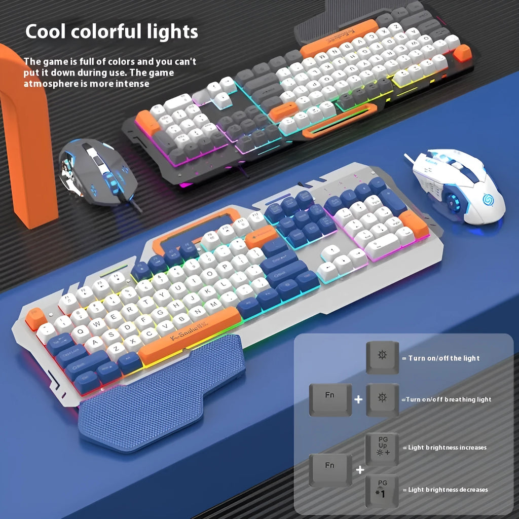 Blue wired gaming keyboard and mouse set with backlit keys on dark surface