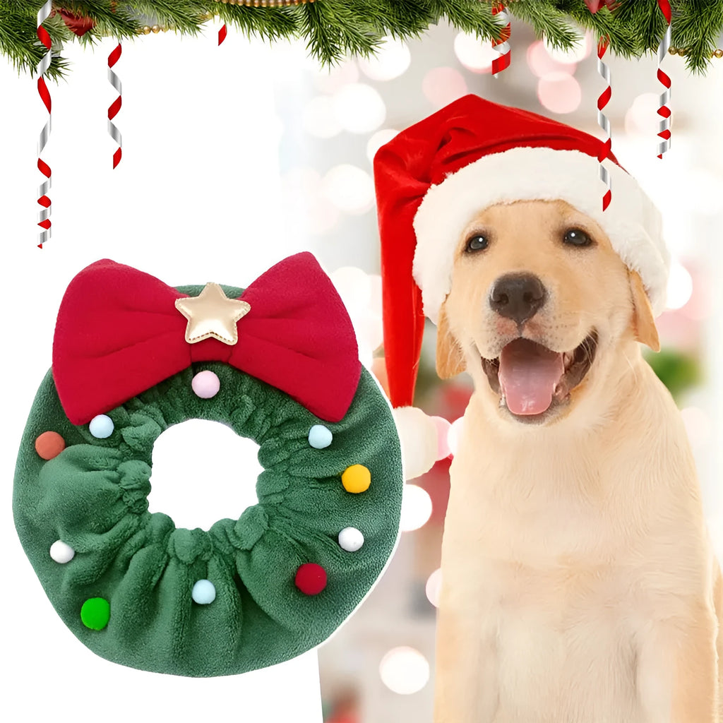 Red bow-knot Christmas pet collar scarf with colourful fuzzy balls on a cat or dog, four sizes available