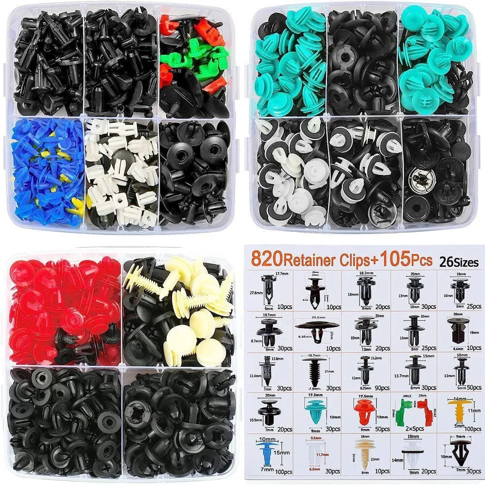 925-piece boxed set of universal car body fasteners including 26 kinds of nylon plastic clips, rivets, and fender screws with 105 tools