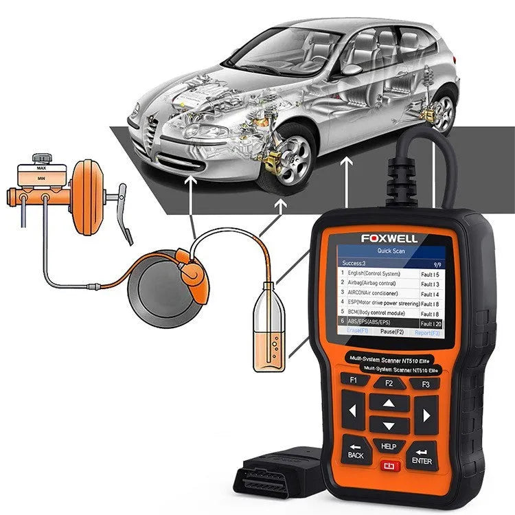 Orange and black Foxwell NT510 automotive diagnostic tool with display screen and data cable
