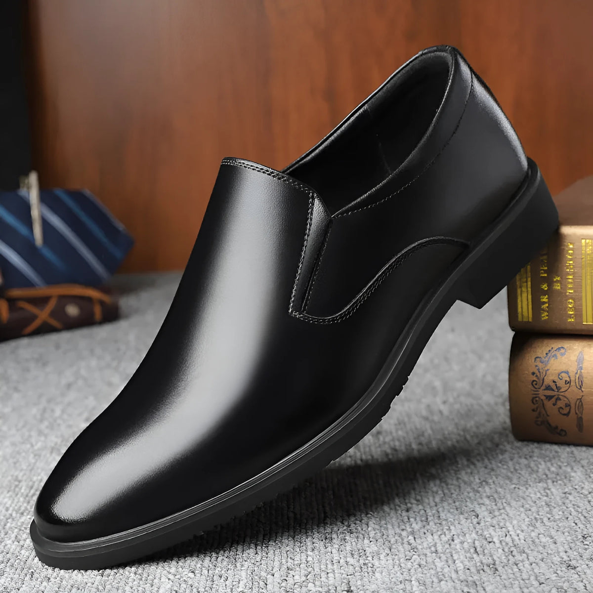 Men's black breathable leather slip-on business casual shoes with rubber sole