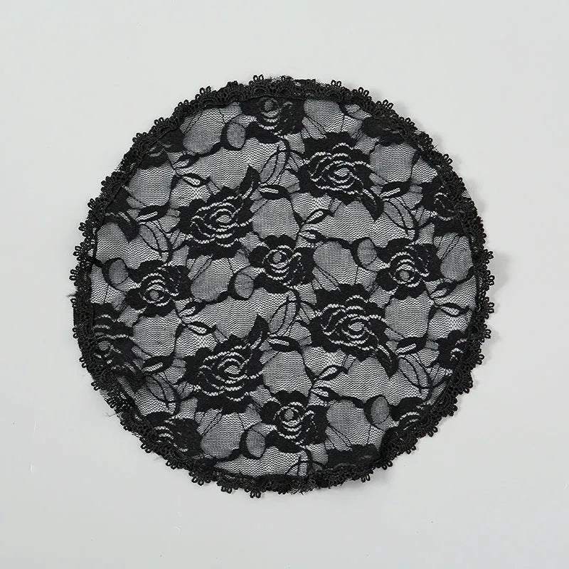 Small round bridal head cover in black or white, 30cm wide, made from polyester fabric.