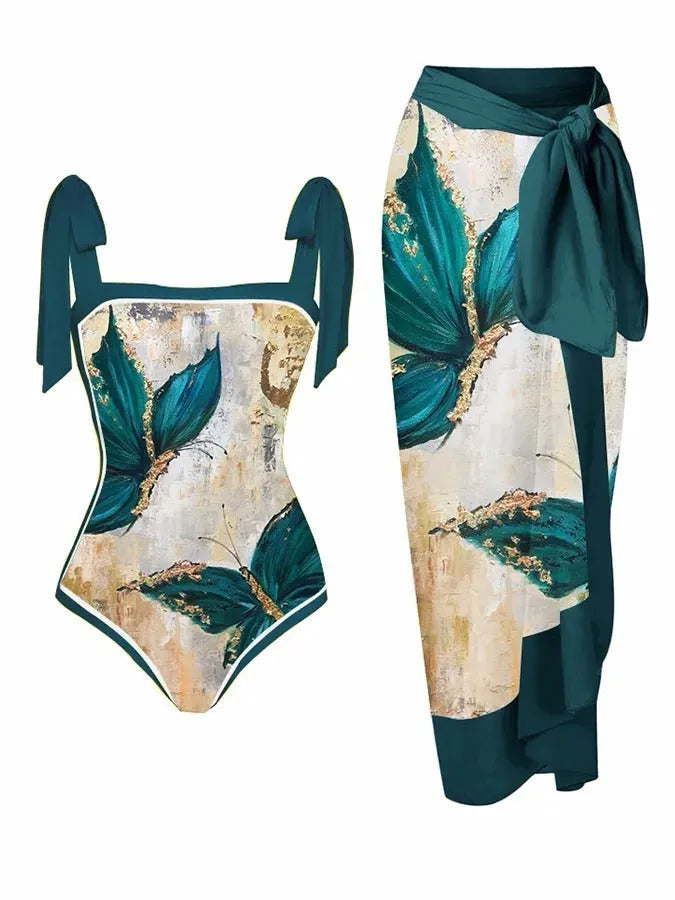 Women's printed floral two-piece chiffon swimsuit with hip skirt for swimming