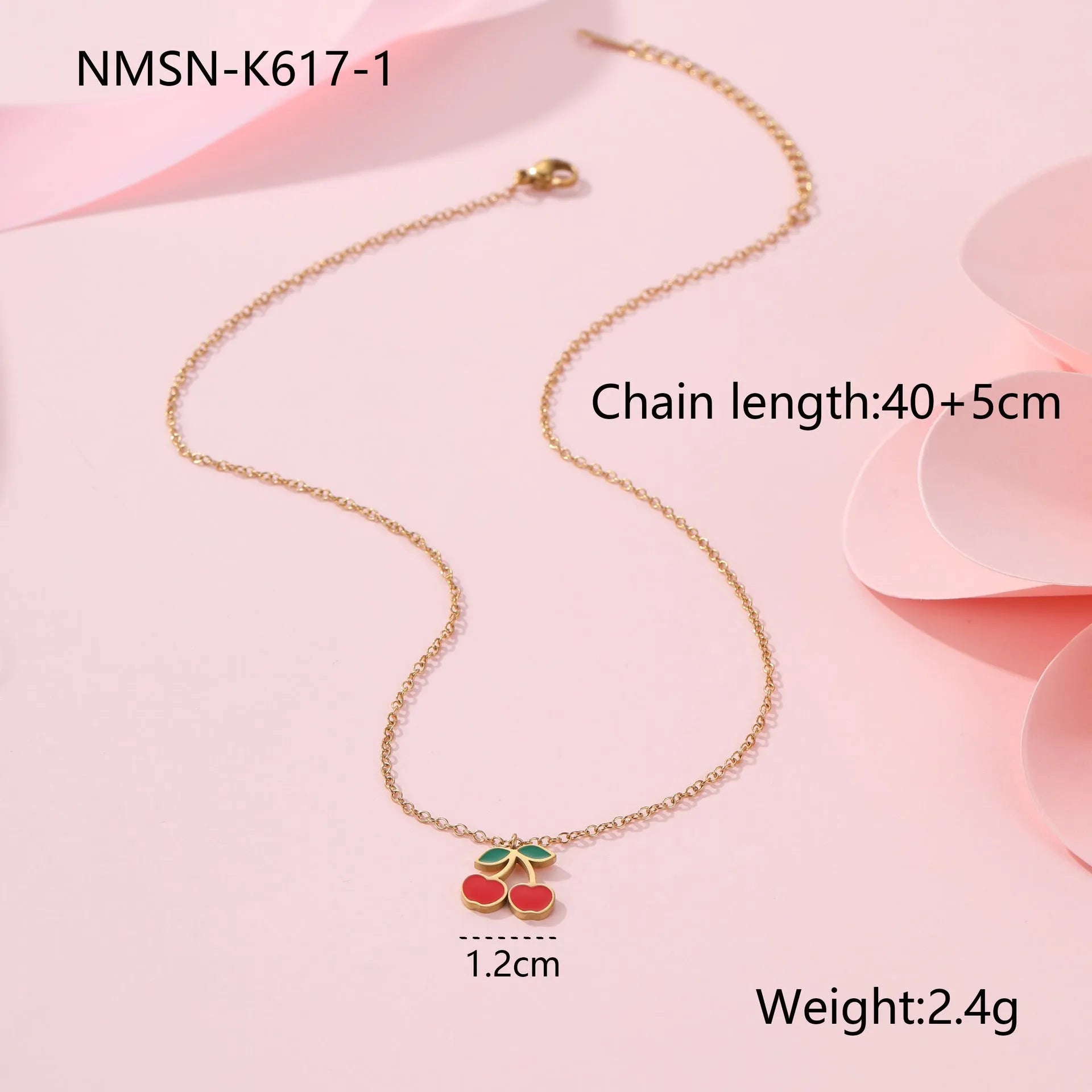 Cherry jewellery set with four 18K electroplated stainless steel pieces including necklace, bracelet, earrings, and ring