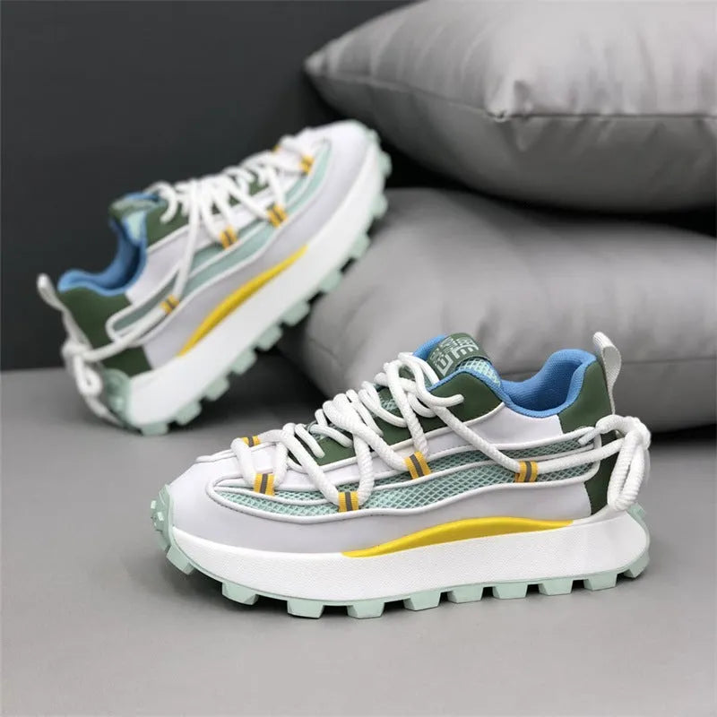 Thick sole height increasing board shoes in white, green, and blue, with mesh upper and rubber sole