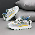 Thick sole height increasing board shoes in white, green, and blue, with mesh upper and rubber sole