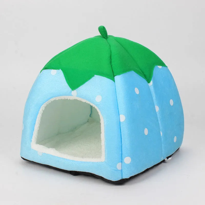 Plush strawberry pet nest in pink, blue, purple, or red, cloth cat and small dog bed in five sizes