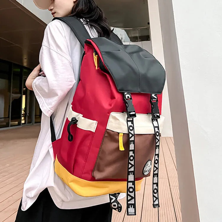 Oxford cloth backpack showing three carrying methods: handheld, shoulder, and backpack style