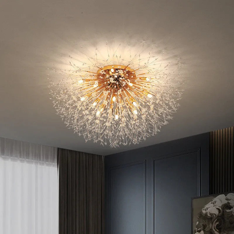 Wrought iron ceiling lamp with dandelion crystal shade chrome finish 40cm four LED heads