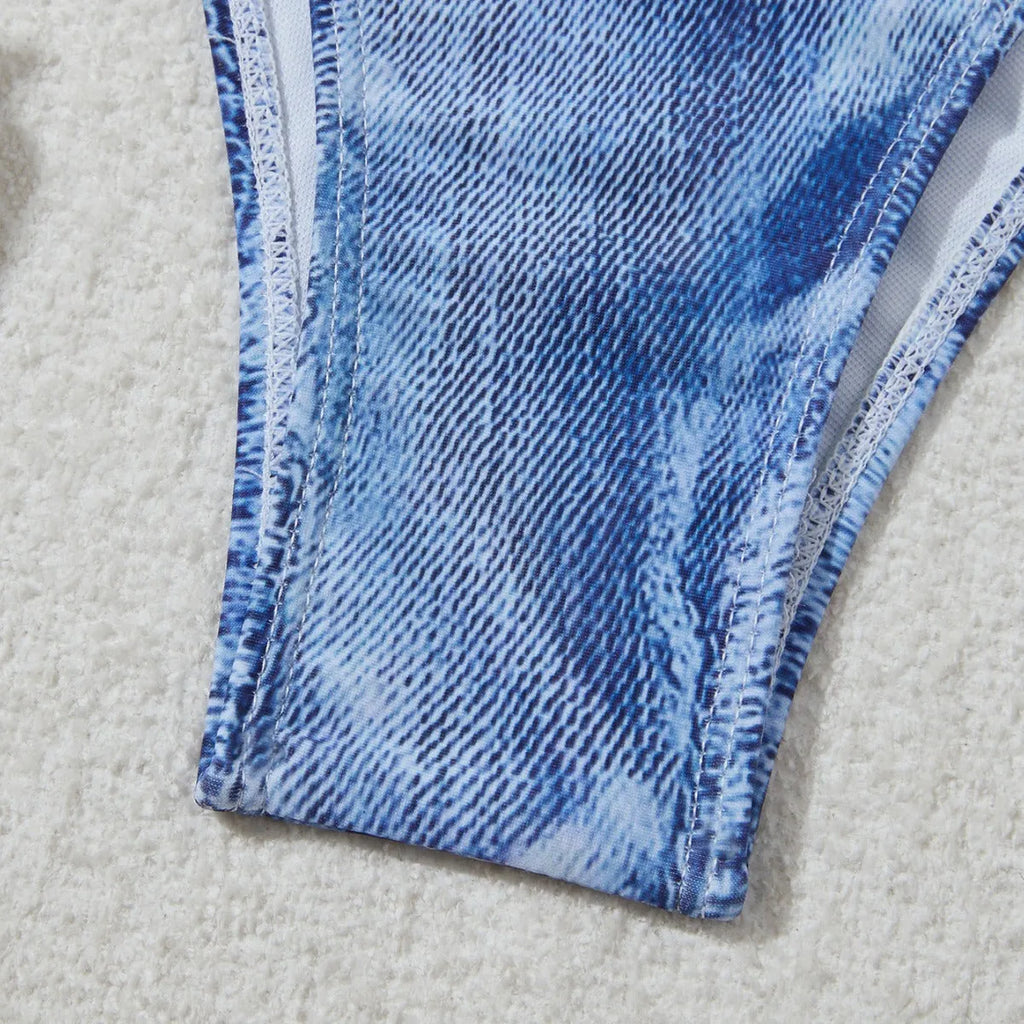 Women's denim blue printed bikini set with strap design, showing front and back views