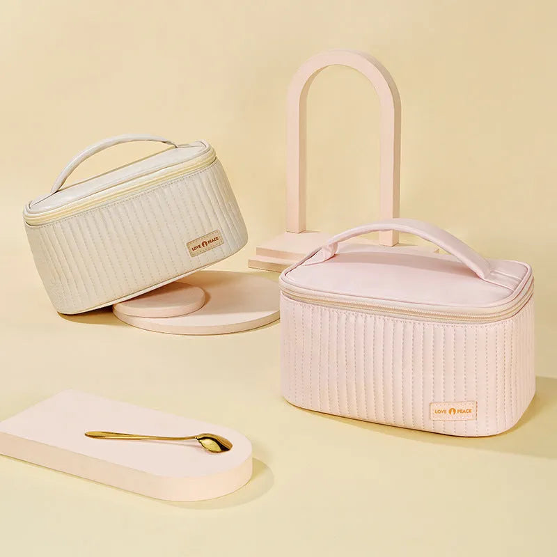 Open-top soft PU leather makeup bag in a choice of pink, coffee, beige, light blue, light green, or light purple.