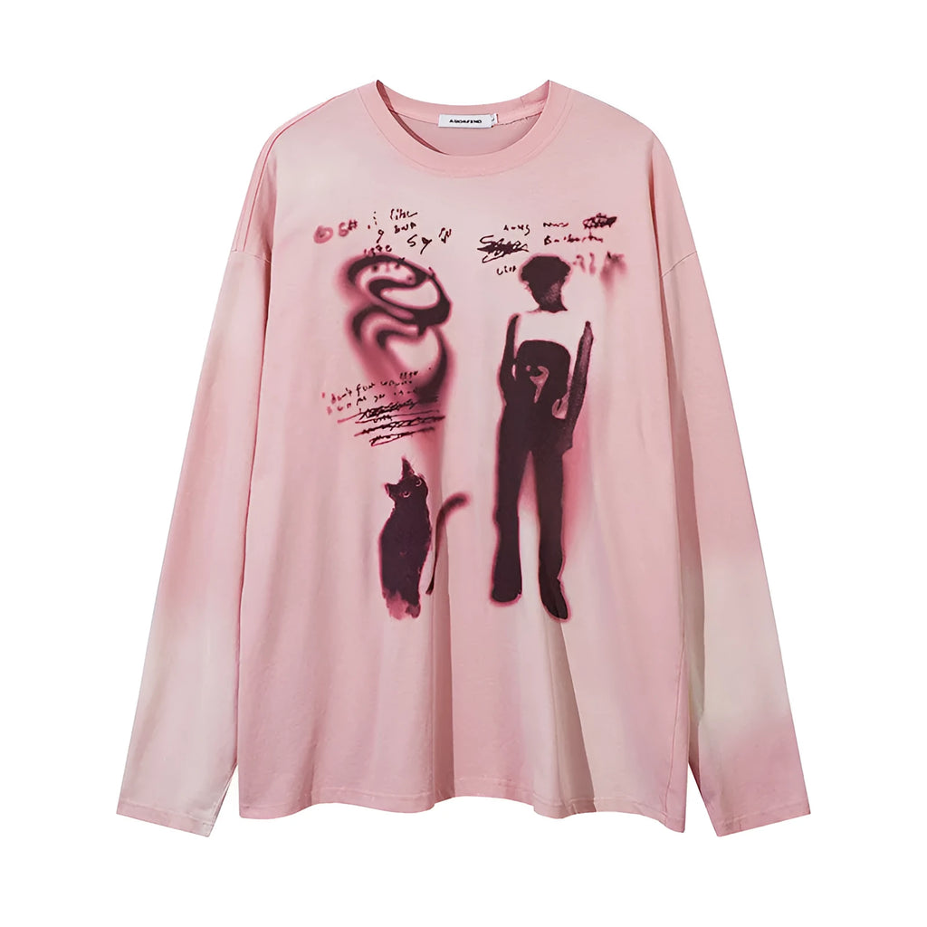 Loose grey cotton pullover top with long sleeves and letter pattern laid flat.