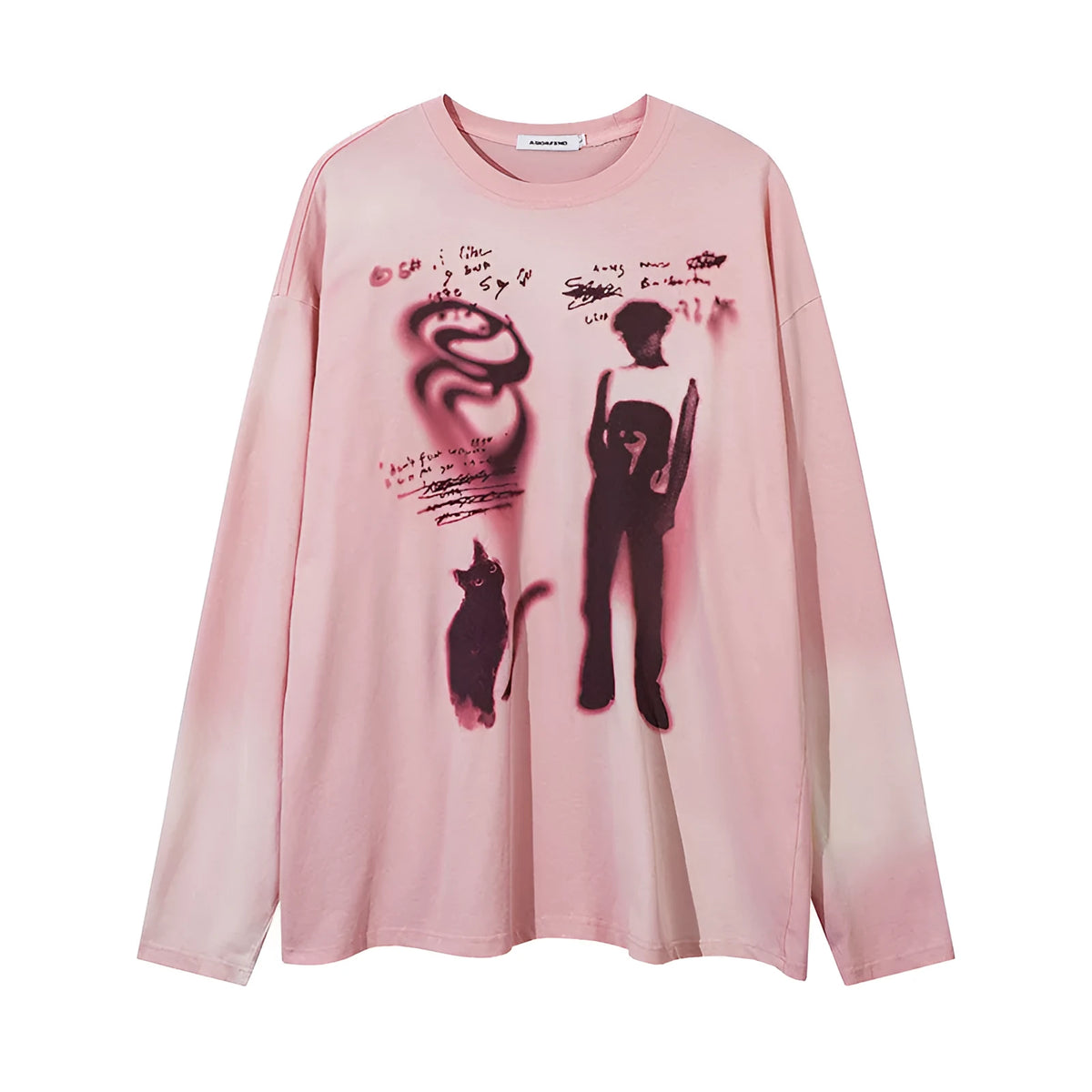 Loose grey cotton pullover top with long sleeves and letter pattern laid flat.