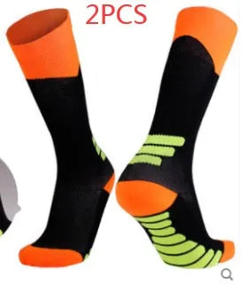 Nylon outdoor sports compression socks in S/M, L/XL and XXL/XXXL, shown in black, blue, orange, pink, red and white.