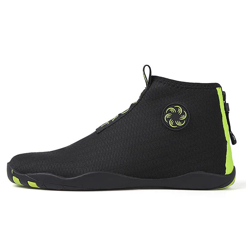 Black and fluorescent green mid-top beach shoes with mesh upper and rubber sole
