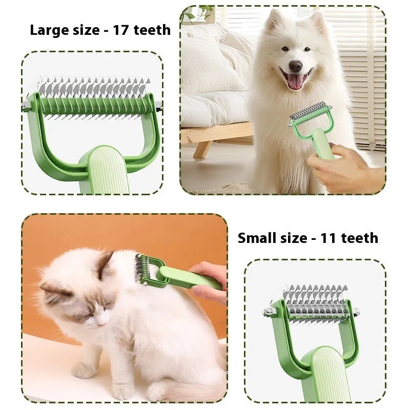 Green and grey dog unknotting comb with stainless steel blade and plastic handle in large and small sizes.