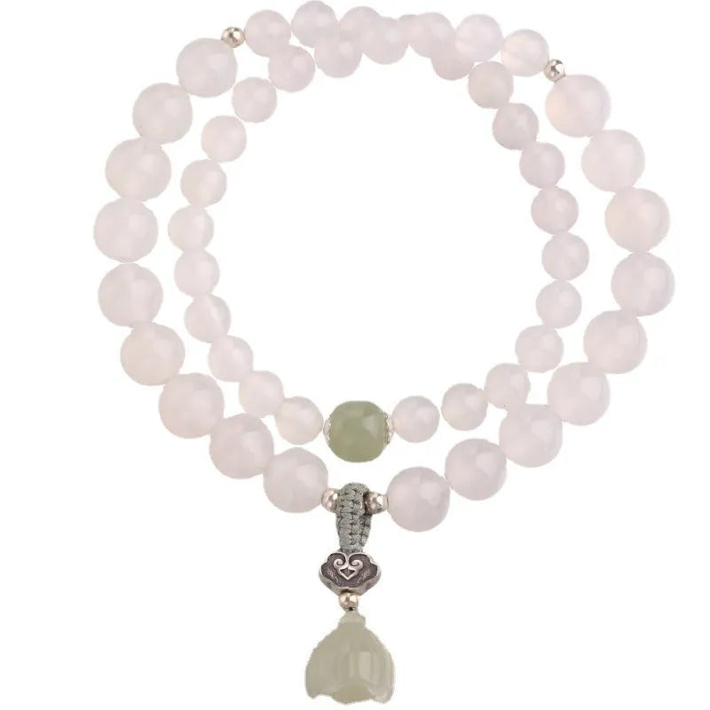 S925 silver bracelet with white agate and Hetian jade beads in geometric lotus design