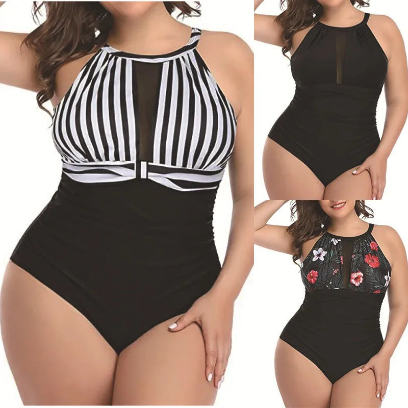 Women's solid colour, floral, and striped one-piece swimsuit in sizes L to 4XL