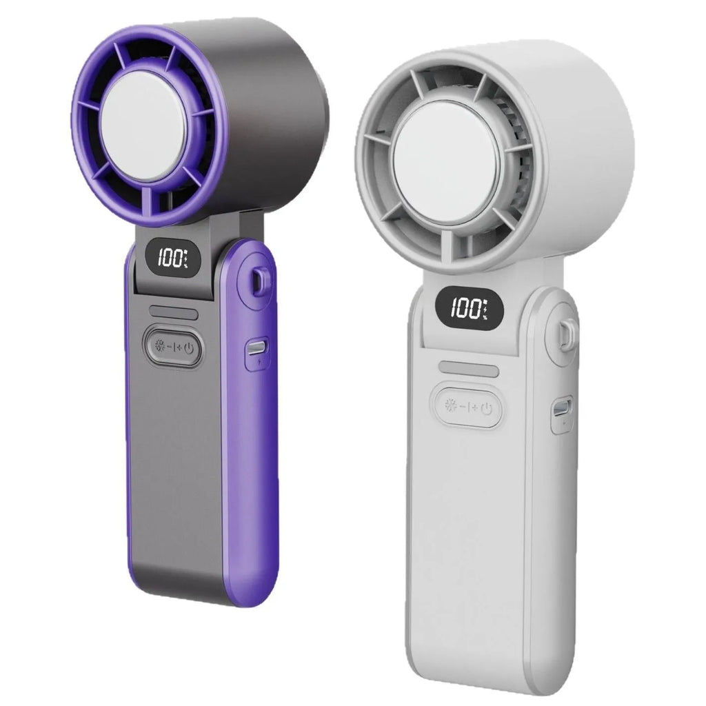 Small handheld fan with ice compress function, no blades, USB powered, compact foldable design in white.