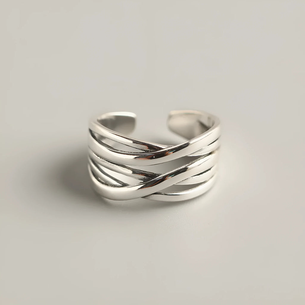 S925 sterling silver vintage weave ring for women with open design and retro silver finish