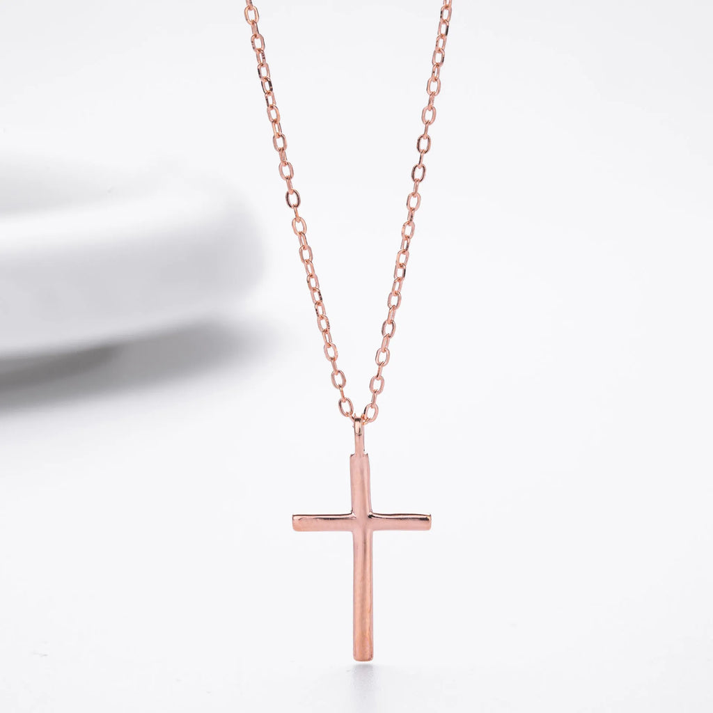 Sterling silver cross pendant necklace on O-shaped chain with gold, platinum, and rose gold plating options