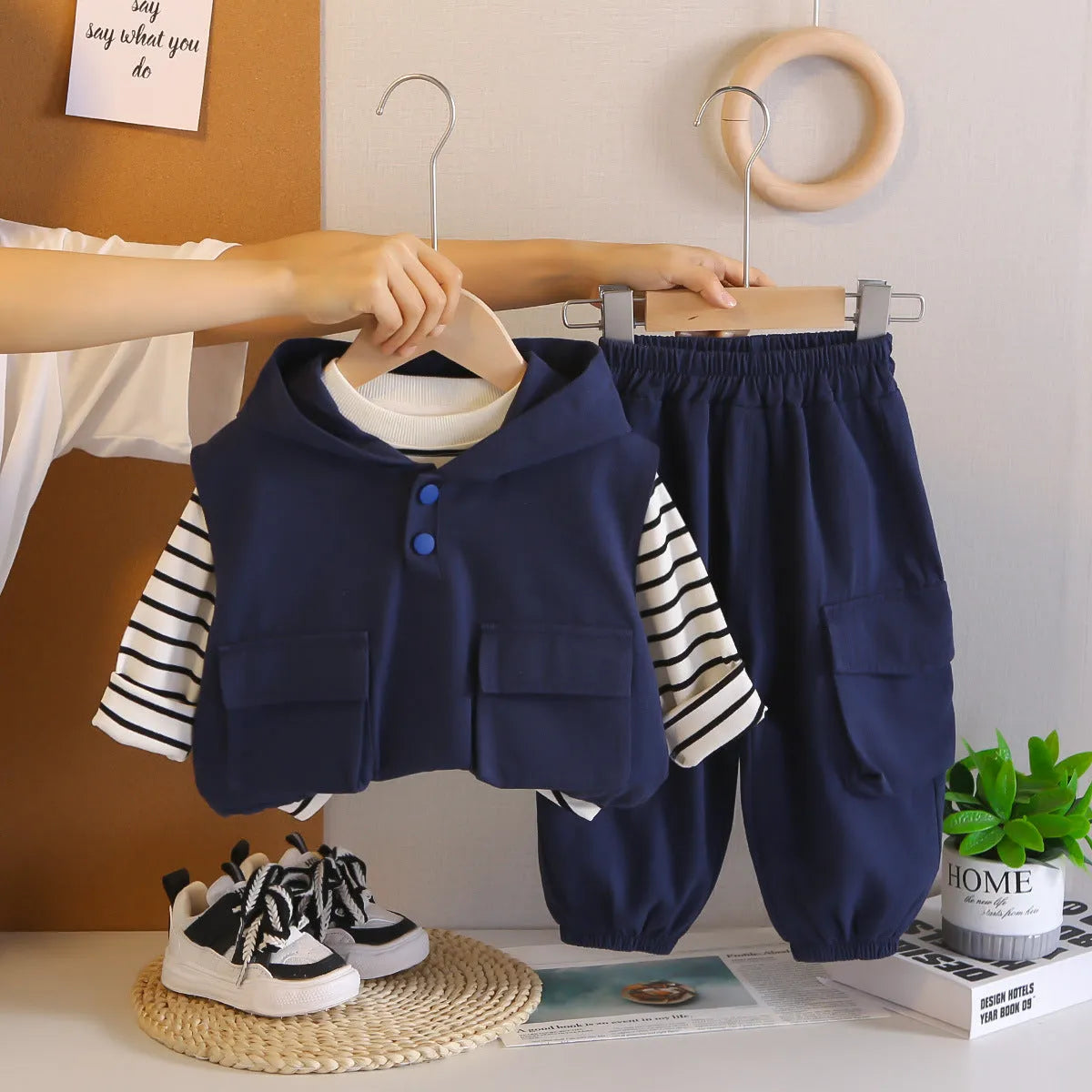 Boys cotton striped hoodie vest and trousers three-piece set in beige showing front view