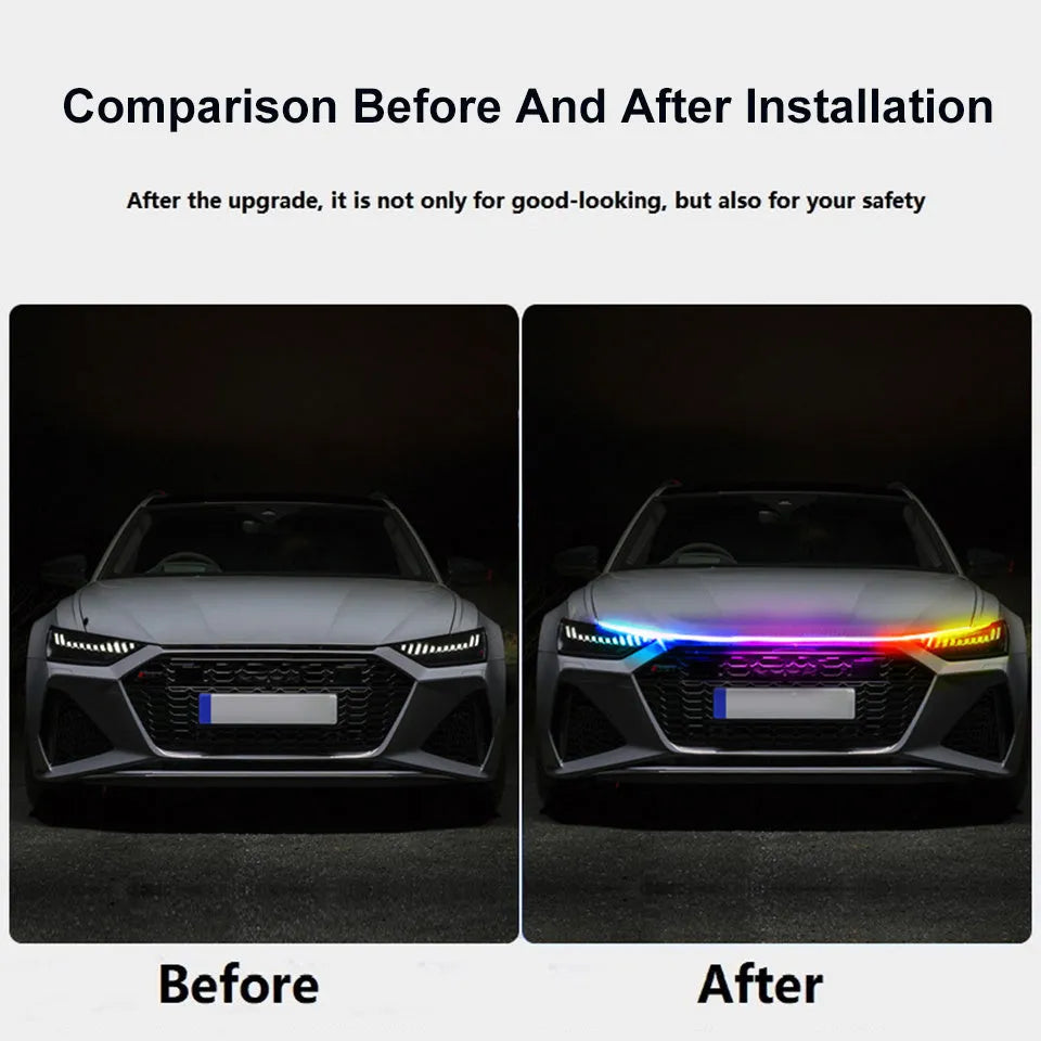 GM vehicle LED interior lighting kit showing flexible PVC strip with 12V connector and app control option