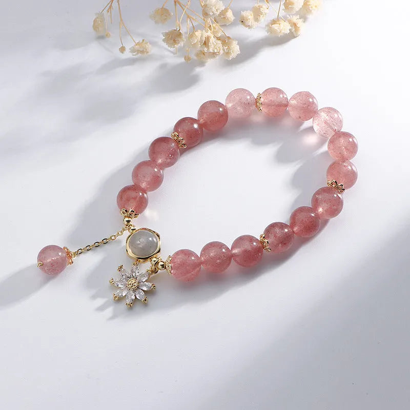 Strawberry quartz crystal bracelet with floral design elements in Mori style