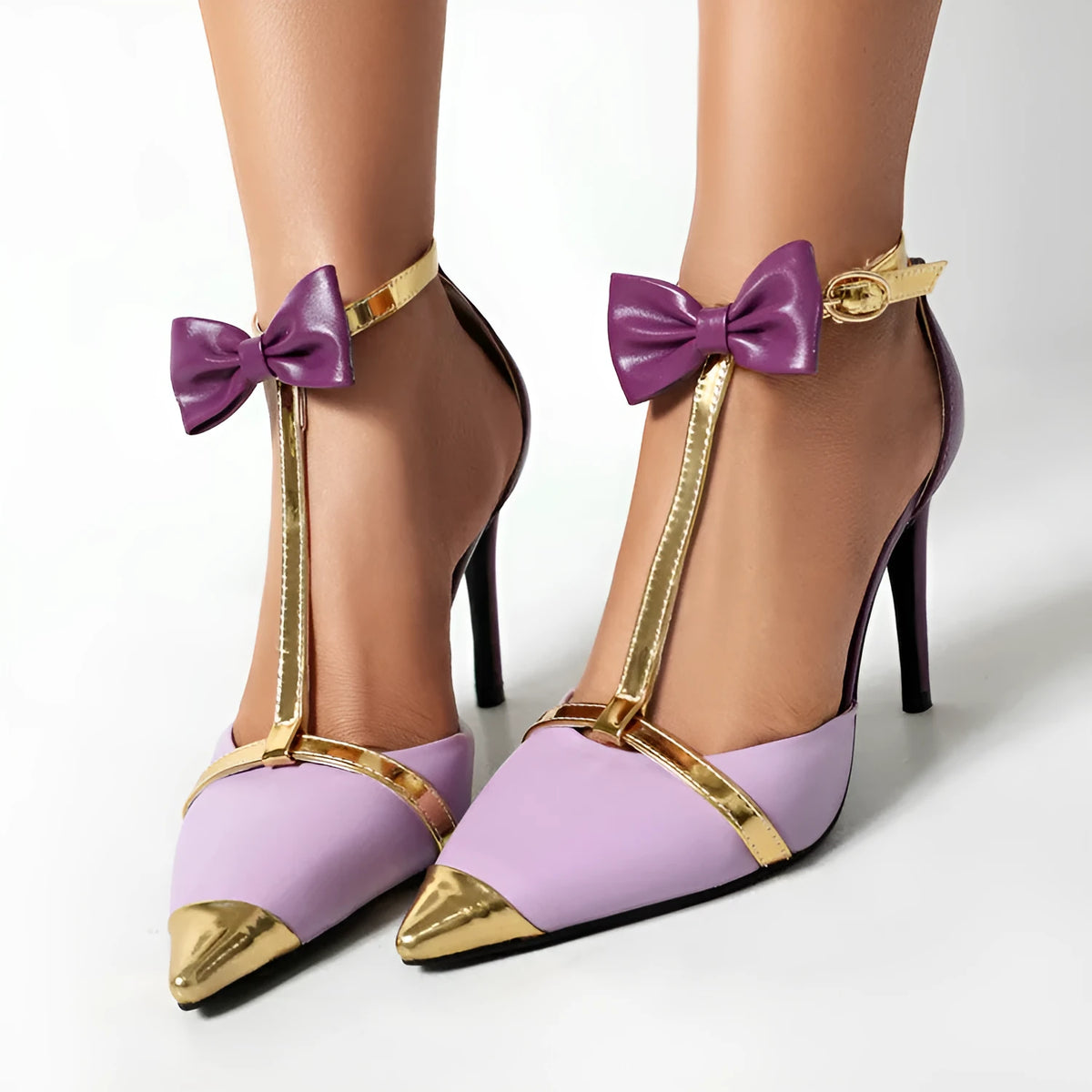 Purple and white plus size women's high heel sandals with closed toe and ankle buckle.