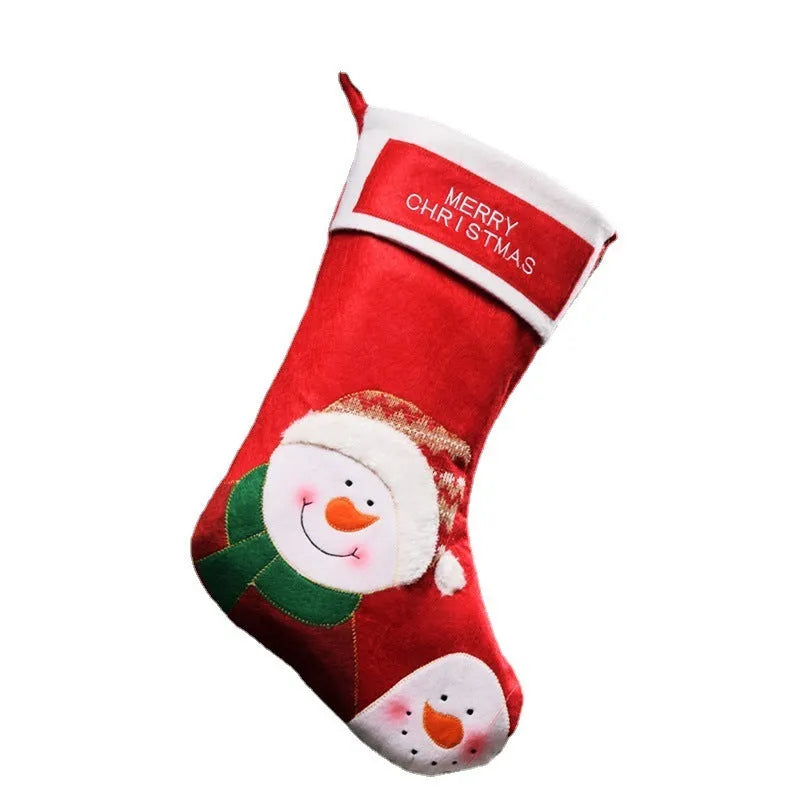 Handmade non-woven Christmas candy stocking with elk, snowman, and grandfather designs