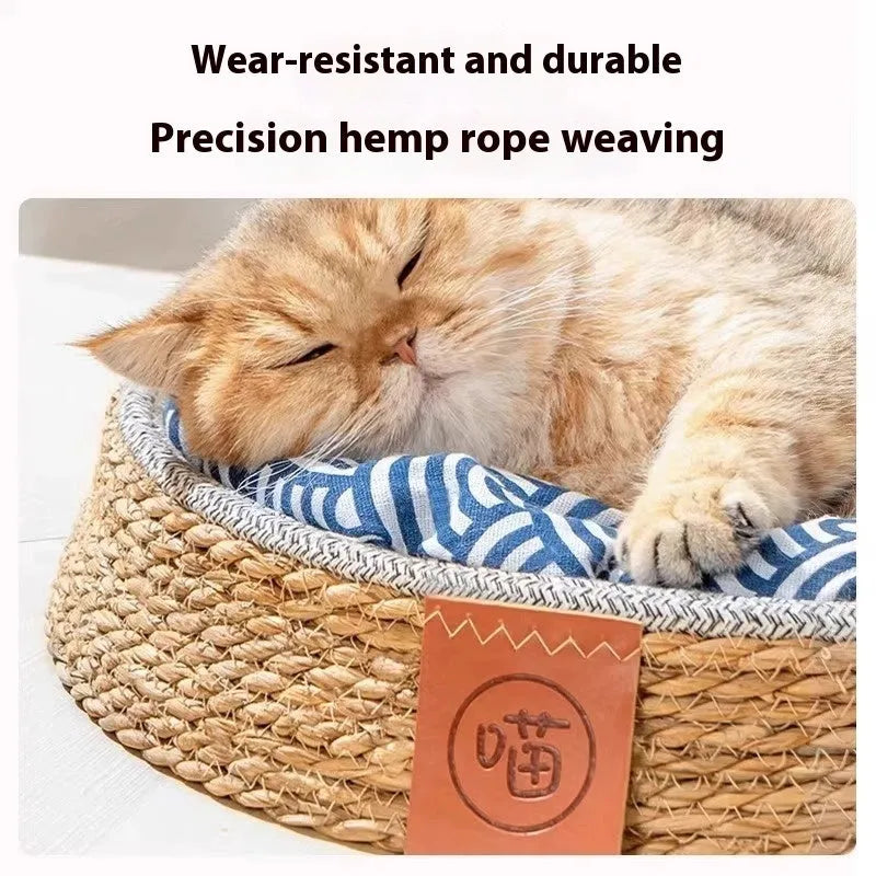 A woven rattan cat nest pet bed, shown in an open cage design suitable for small to extra large cats.