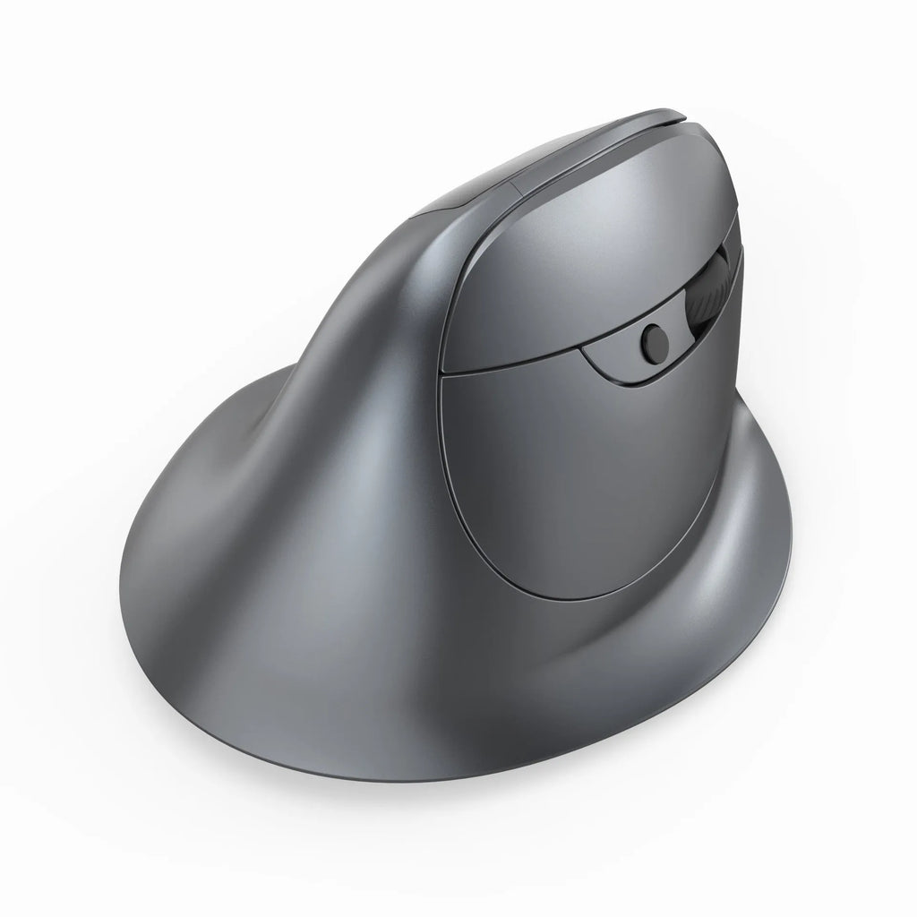 Grey vertical wireless mouse with self-charging system and Bluetooth connectivity