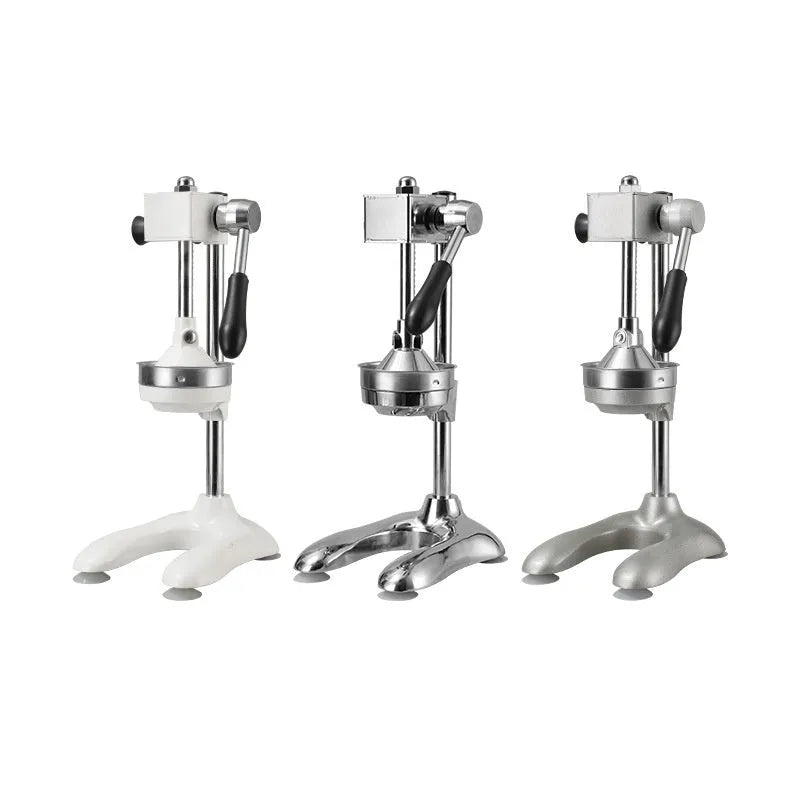Vertical manual stainless steel juicer with zinc alloy body available in multiple colours and head styles for fruit extraction