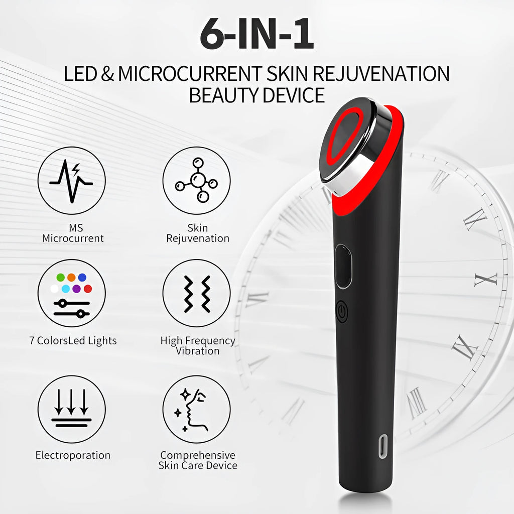 Black rechargeable eye massager with red and blue light vibration therapy for face relaxation