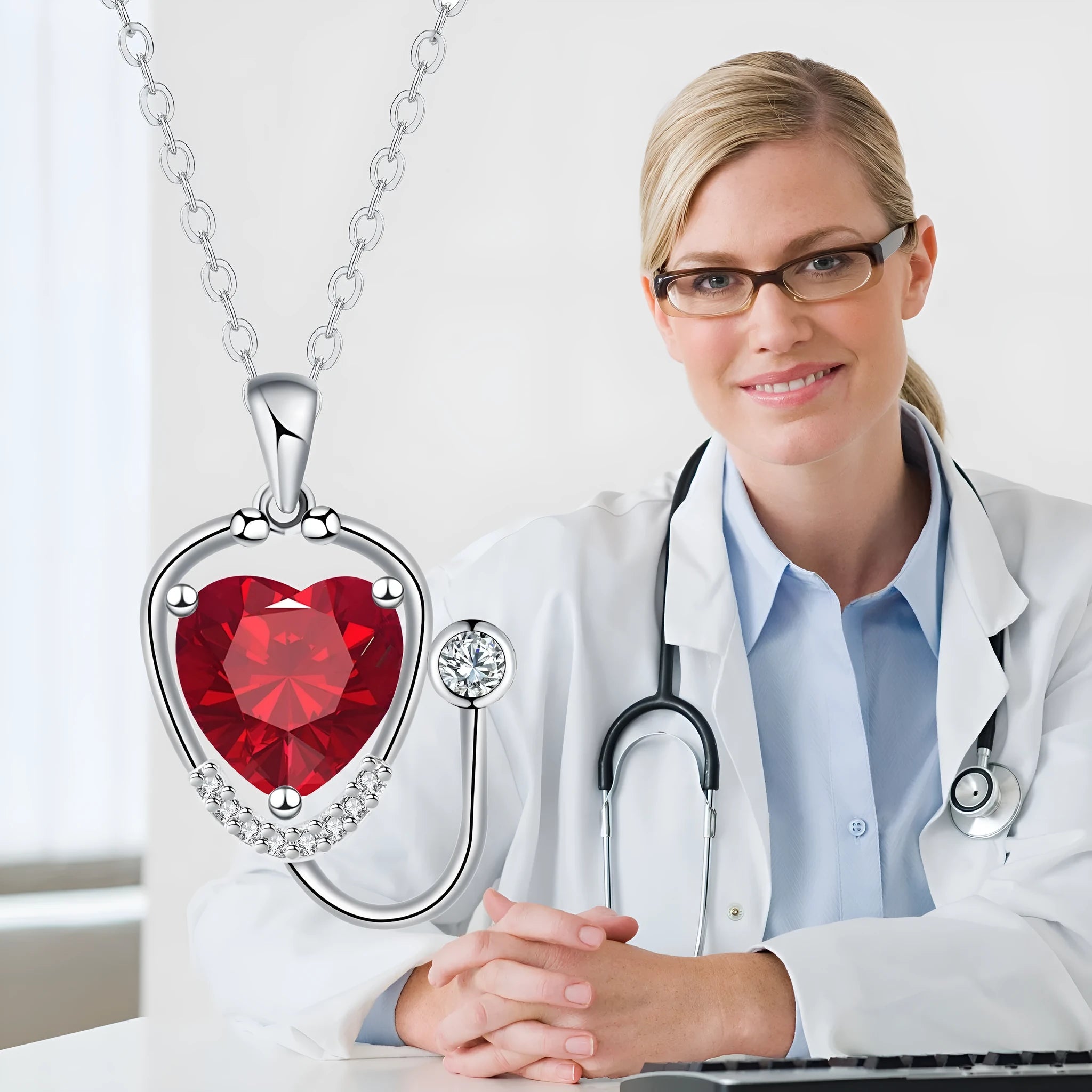 Women's copper stethoscope necklace with Red Diamond electroplated finish, medical-inspired pendant design