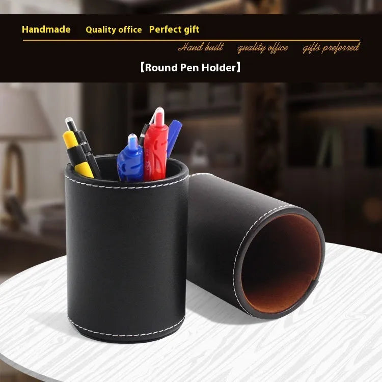 Black leather round pen holder container showing 8.0cm diameter and 10.8cm height dimensions