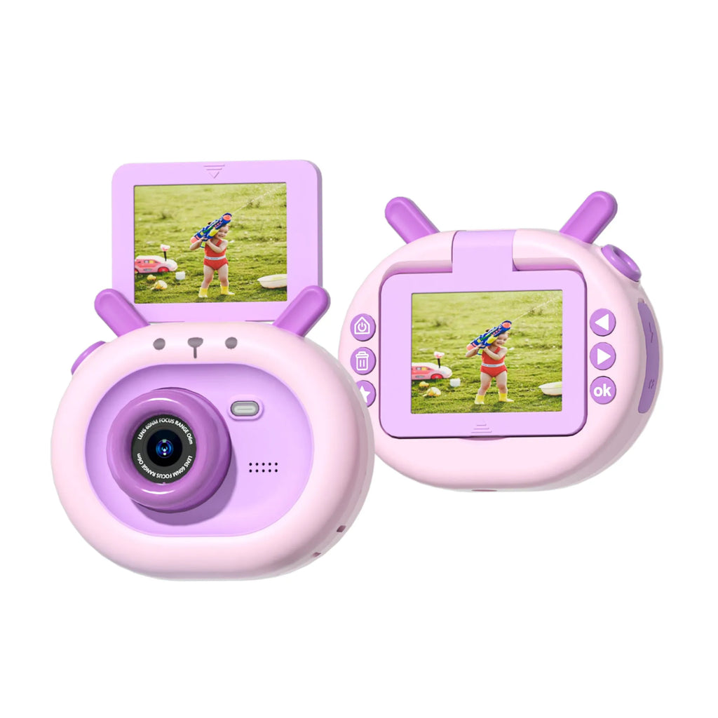 Children's purple digital camera with flip screen and silicone protective case shown with lanyard and accessories