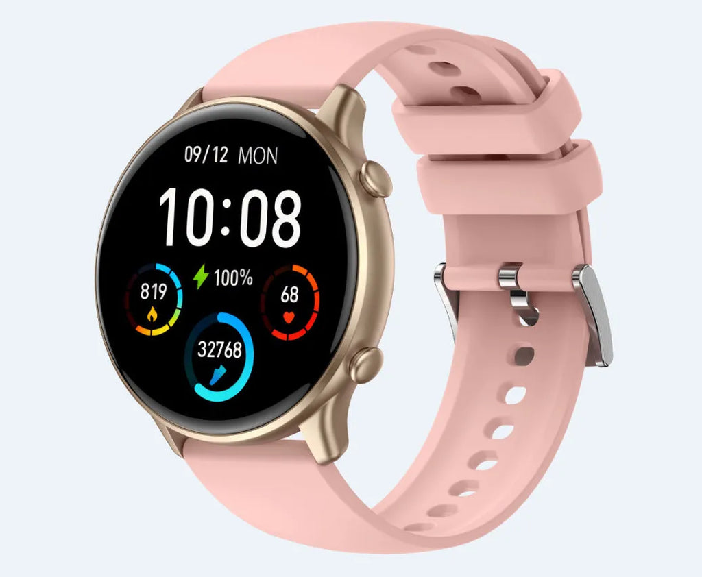 Round smart sports watch with touch screen on silicone strap showing heart rate display